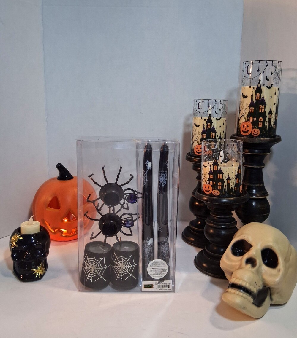 NIB Holiday Home Halloween Spider Candle Set Taper Votive Holders Spooky Gothic